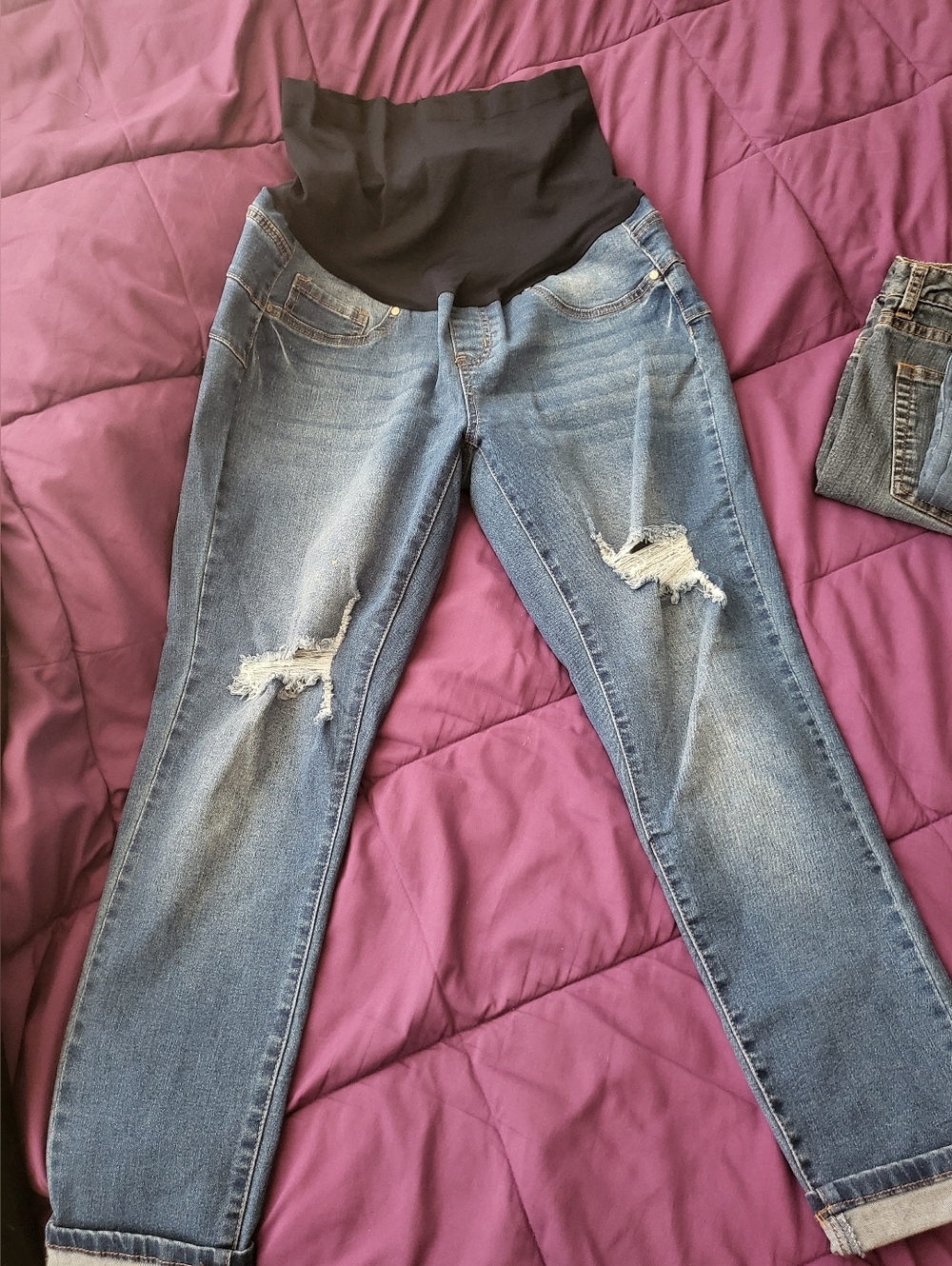 Maternity Distressed Blue Denim Jeans with Black Overband